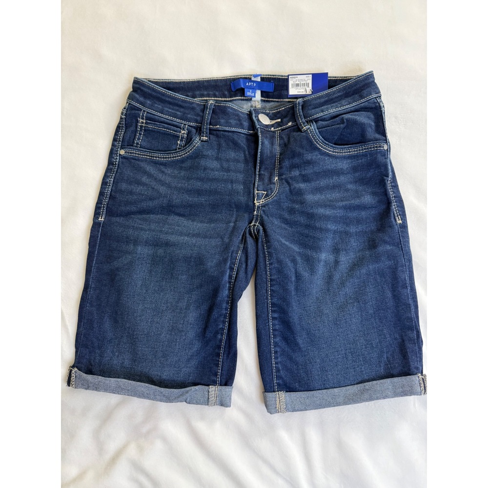 Apt. 9 Womens Bermuda Denim Shorts Dark Wash Mid Rise Cuffed Size 2